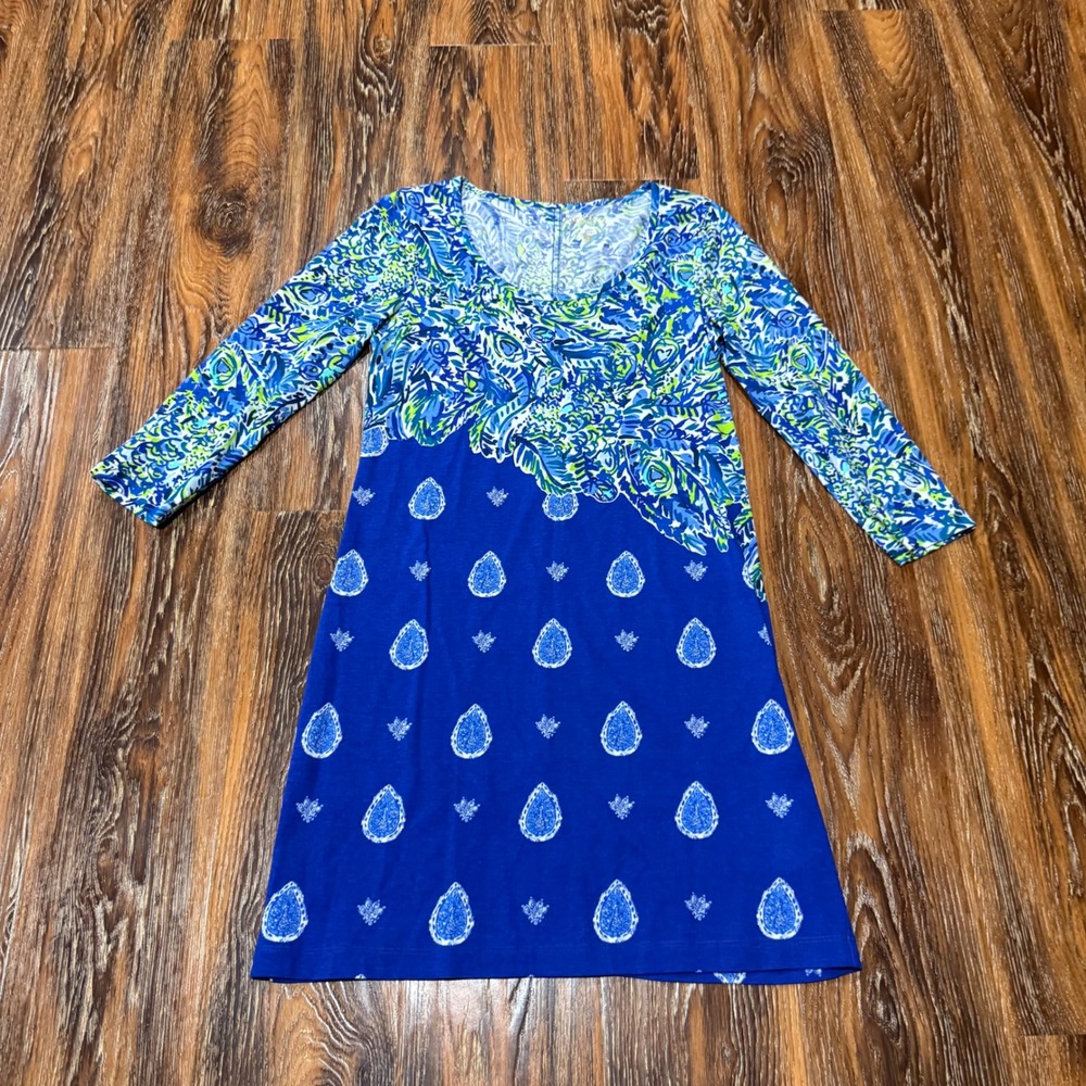 Lilly Pulitzer S Paisley Dress Womens Blue Green Floral 3/4 Sleeve Cotton A-Line